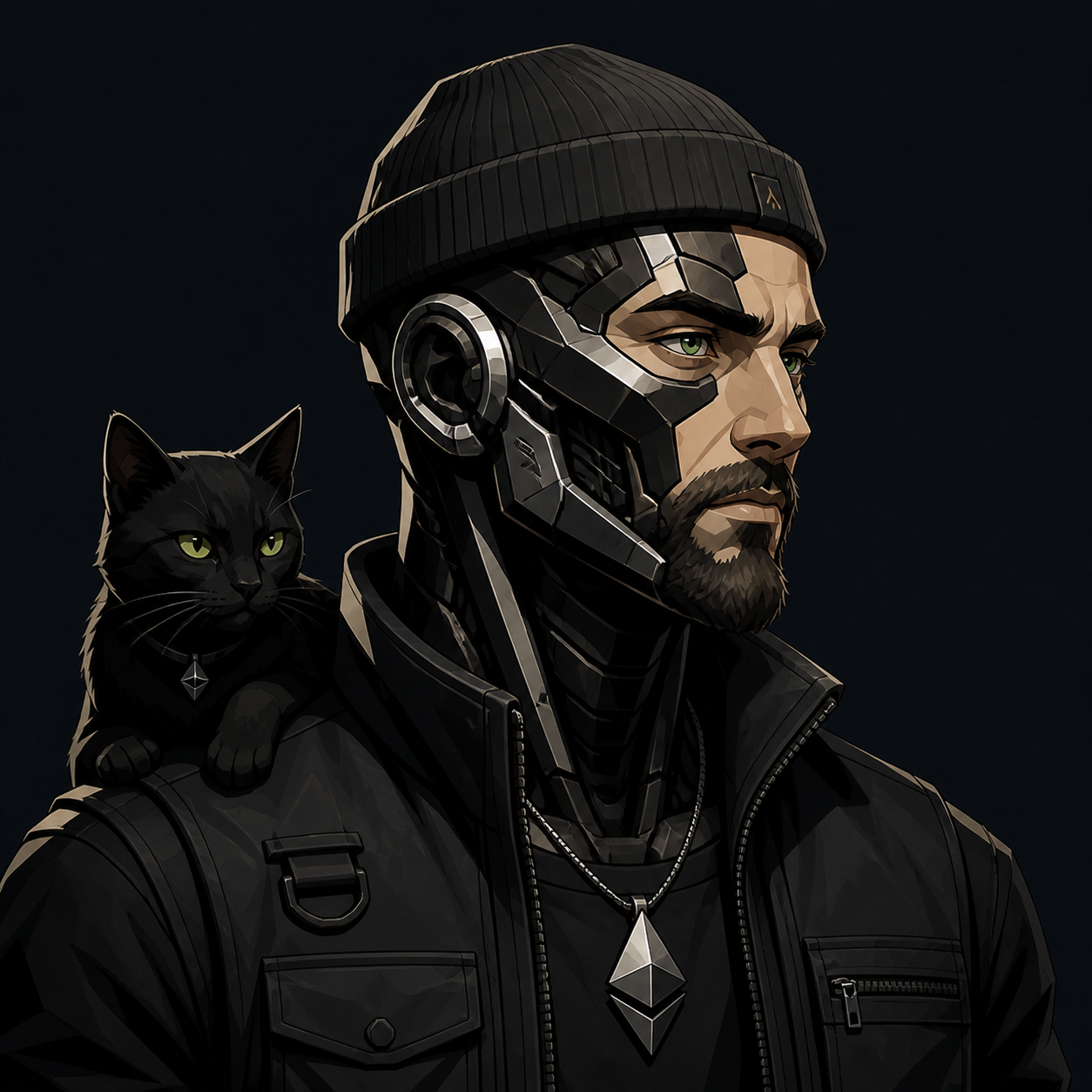 Human-forward cyborg STORMMCHASER with a black cat and Ethereum medallion