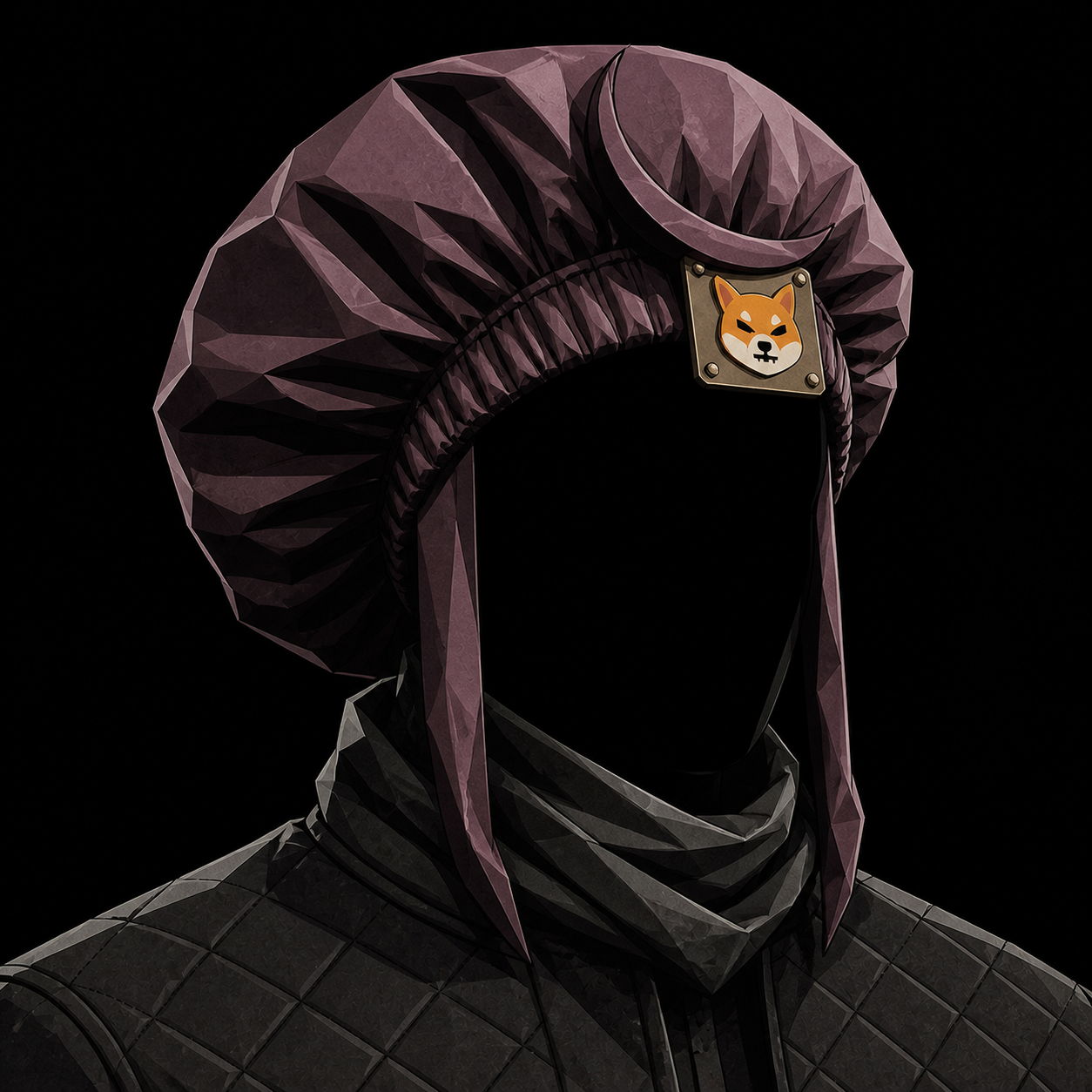 Faceless STORMMCHASER in a crescent bonnet with Shiba Inu insignia