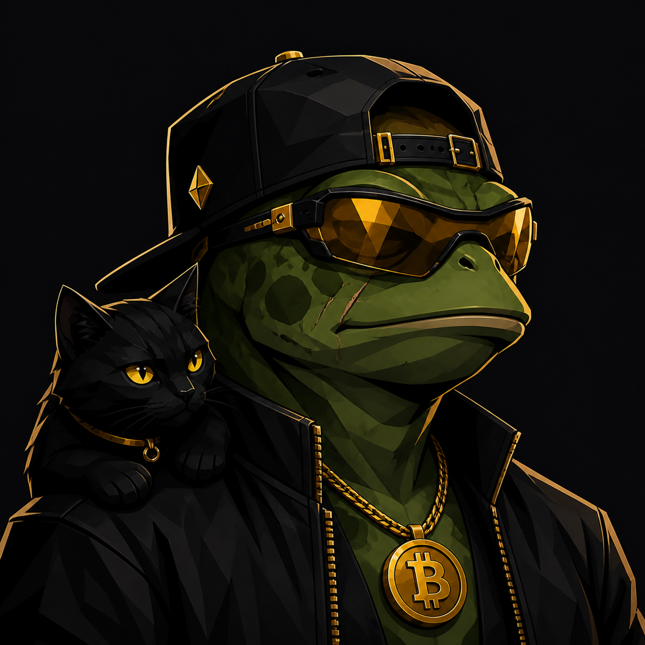 Green STORMMCHASER frog wearing dark storm gear with a black cat