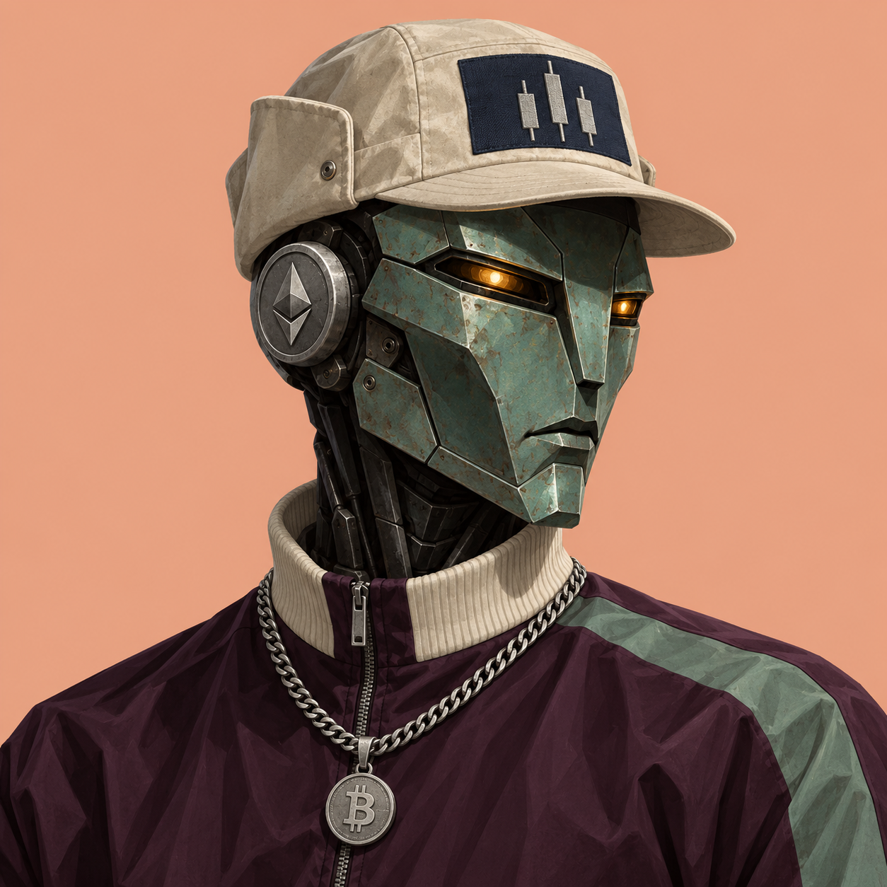 Android portrait in an earflap cap with glowing amber eyes and green facial patina
