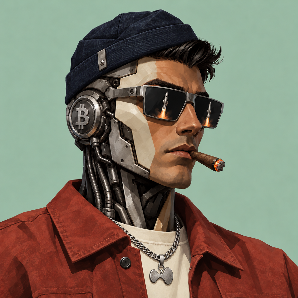Cyborg portrait in a beanie with rocket sunglasses, a mechanical jaw and a Bitcoin ear module