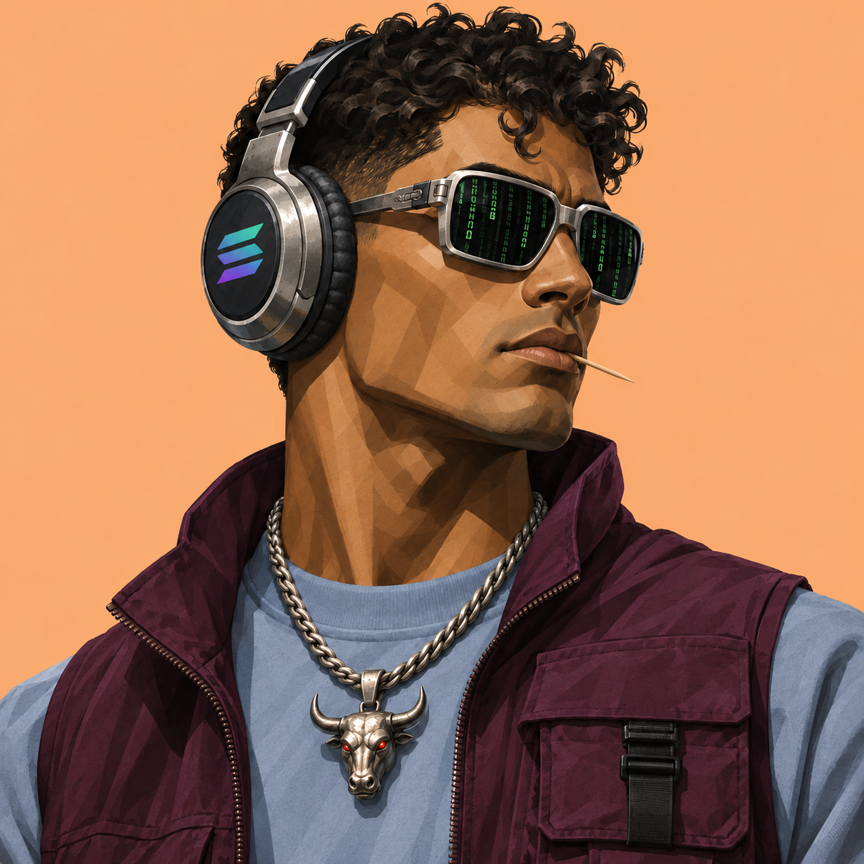 Curly-haired human portrait wearing matrix sunglasses, Solana headphones and a purple vest