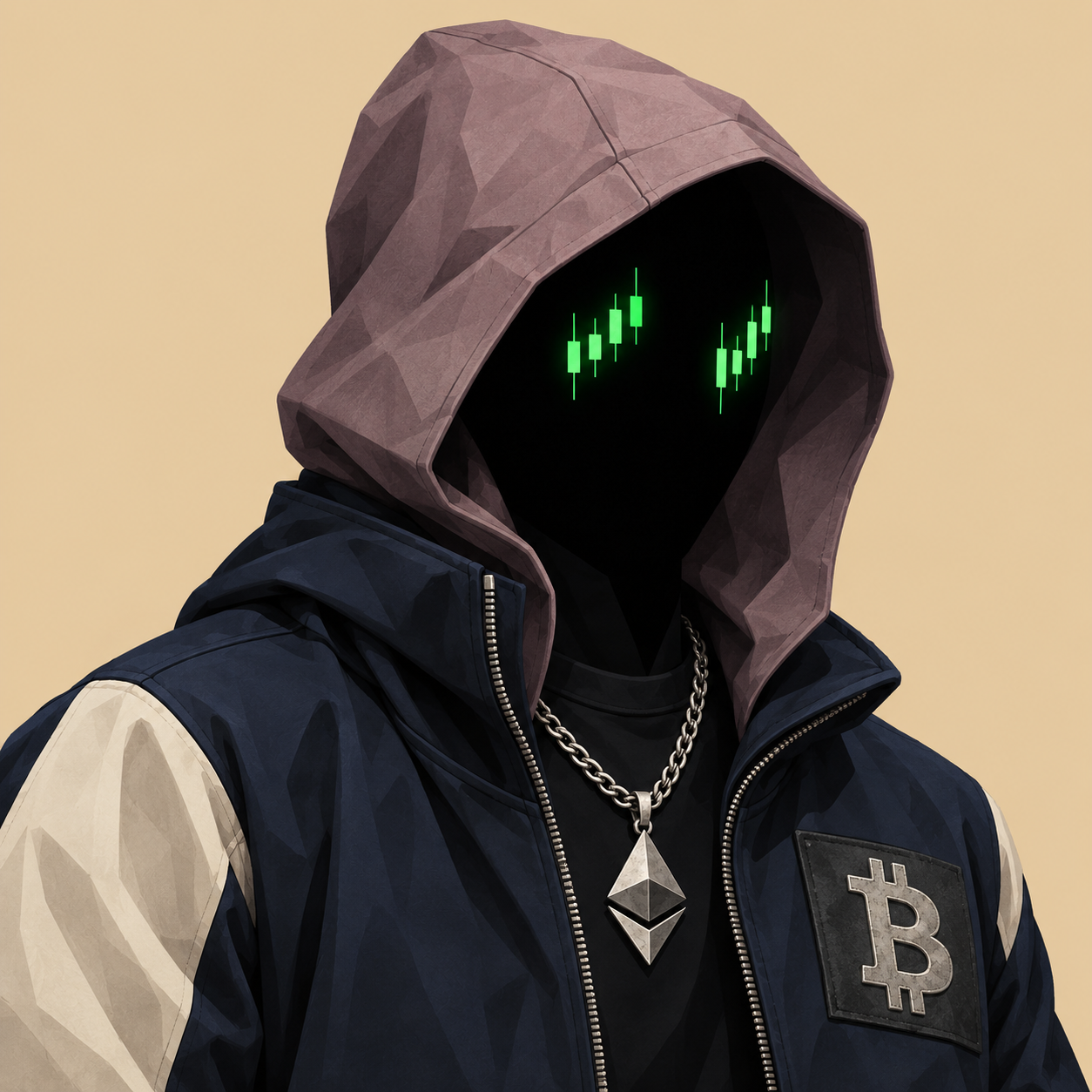 Hooded void portrait with green stock-chart eyes, a Bitcoin patch and an Ethereum pendant