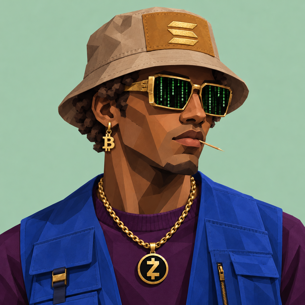 Human portrait in a bucket hat, matrix sunglasses and a blue vest