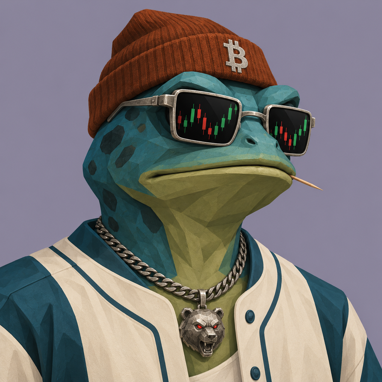 Blue frog portrait in a Bitcoin beanie, stock-chart sunglasses and a cream varsity jacket