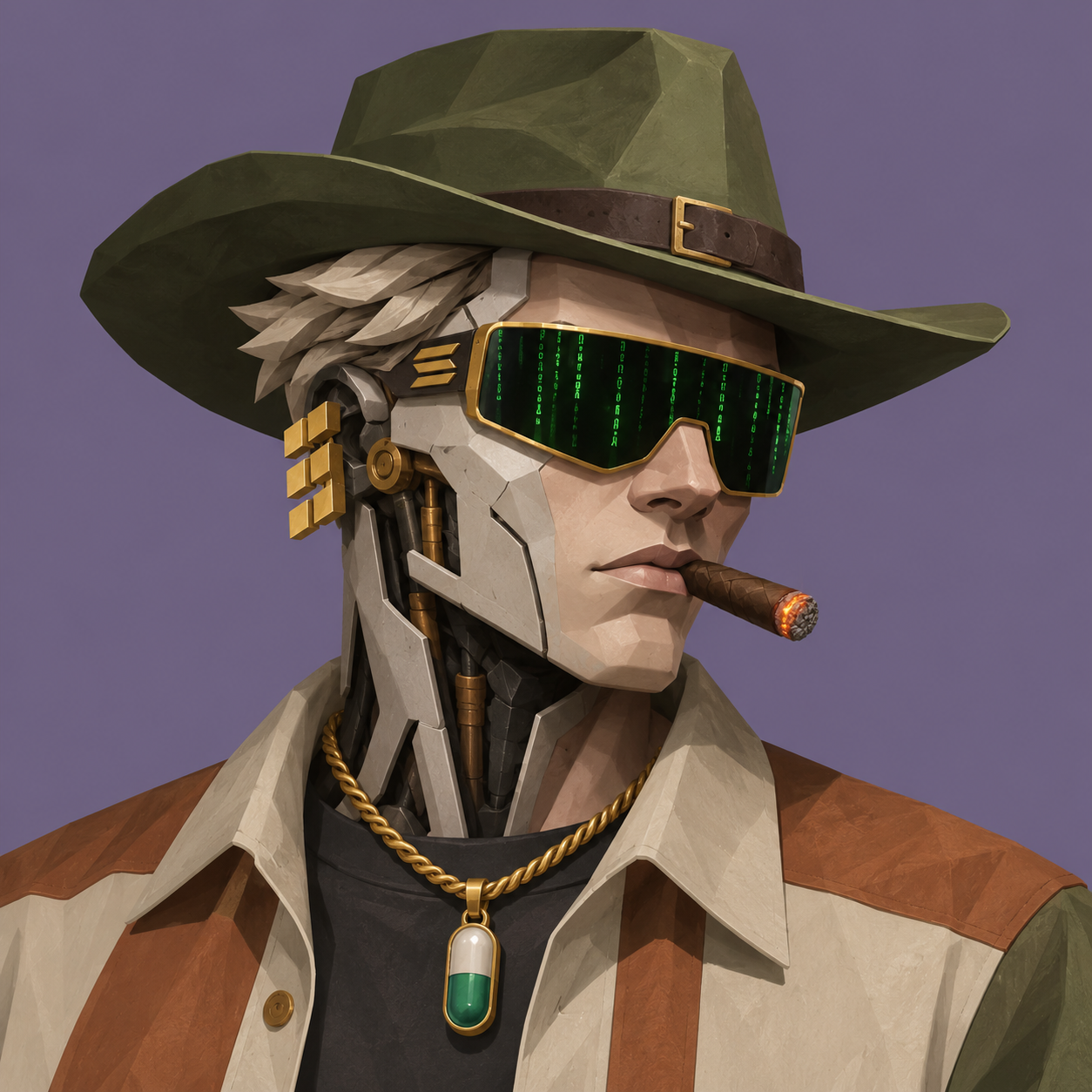 Cyborg portrait in an olive cowboy hat with a matrix visor, ivory facial plates and a mechanical jaw