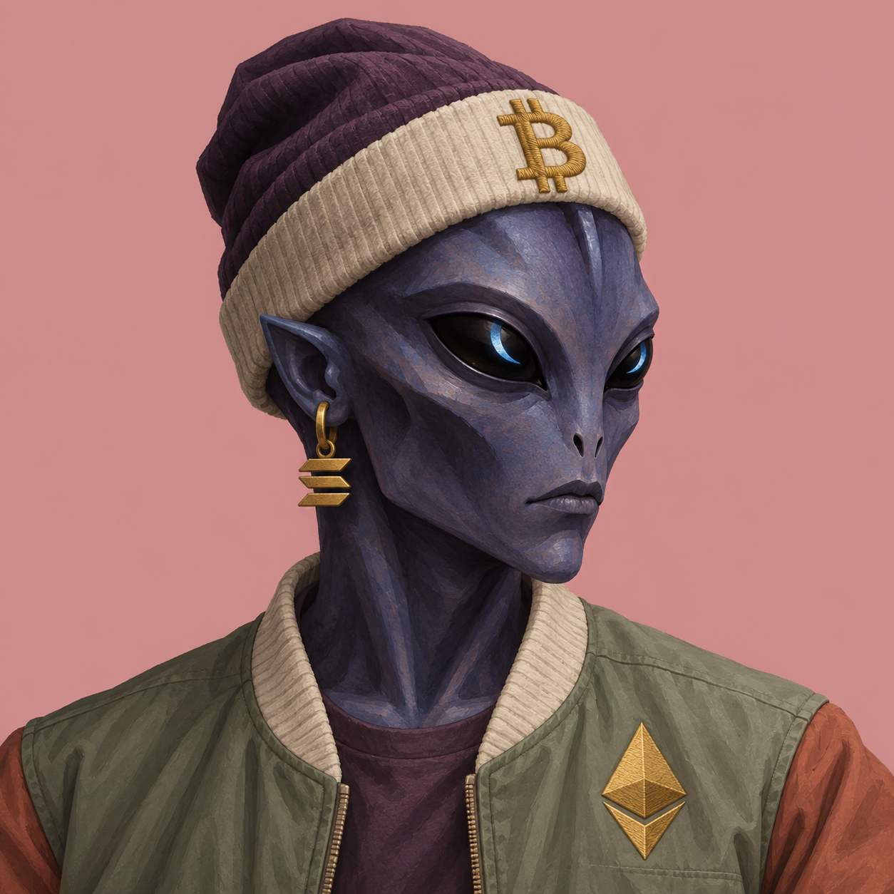 Purple alien portrait with a Bitcoin beanie, glowing blue eyes and an Ethereum jacket emblem