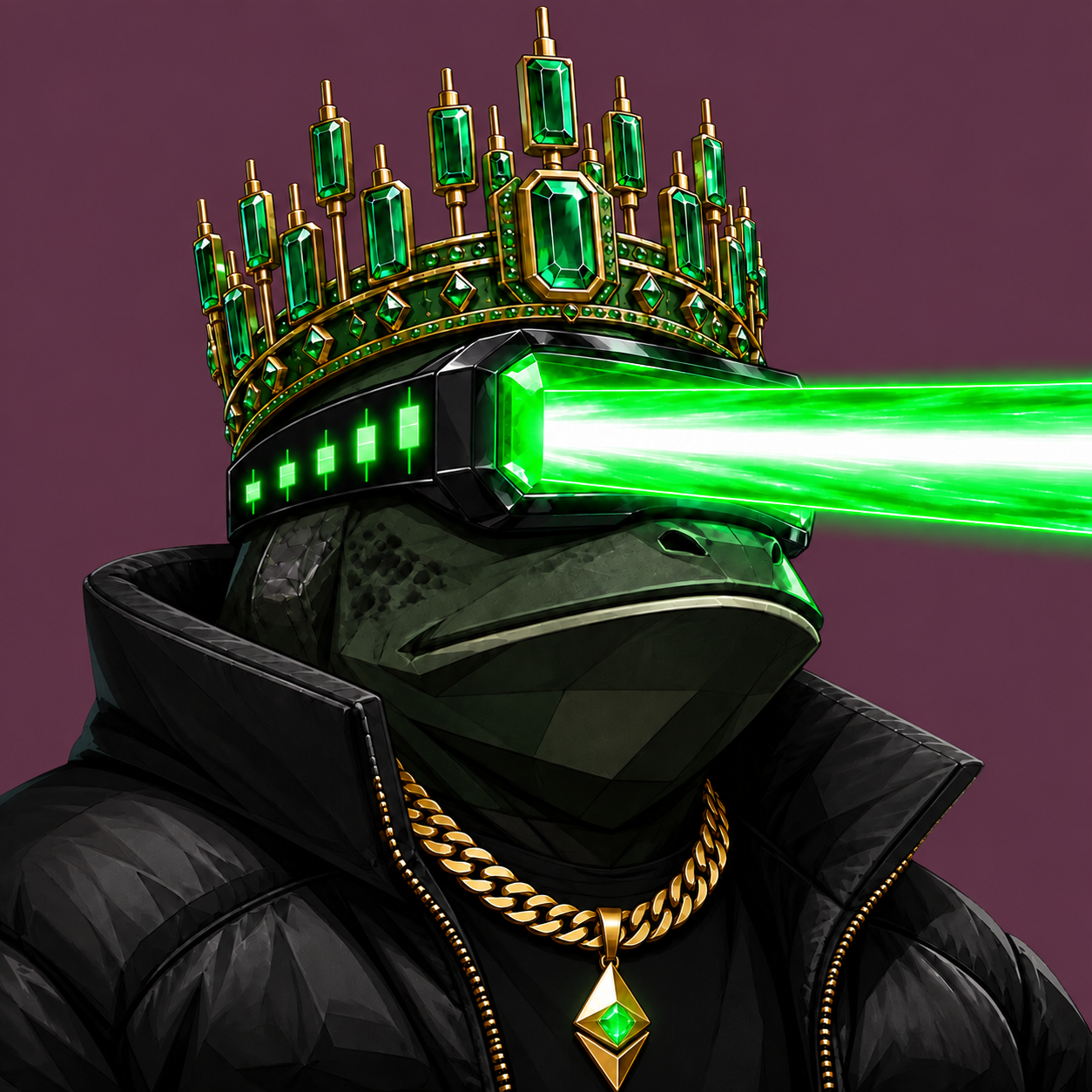 Frog portrait wearing a candle crown and a glowing visor firing green lasers